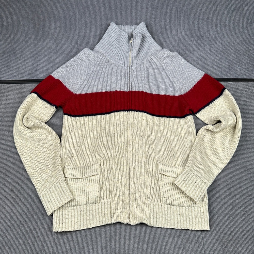 Y2k London Fog Light Academia Sz M Full Zip Sweater Cream Red Cabincore Grandpa